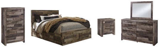 Cama Derekson con 4 cajones, cómoda con espejo, cómoda y mesita de noche