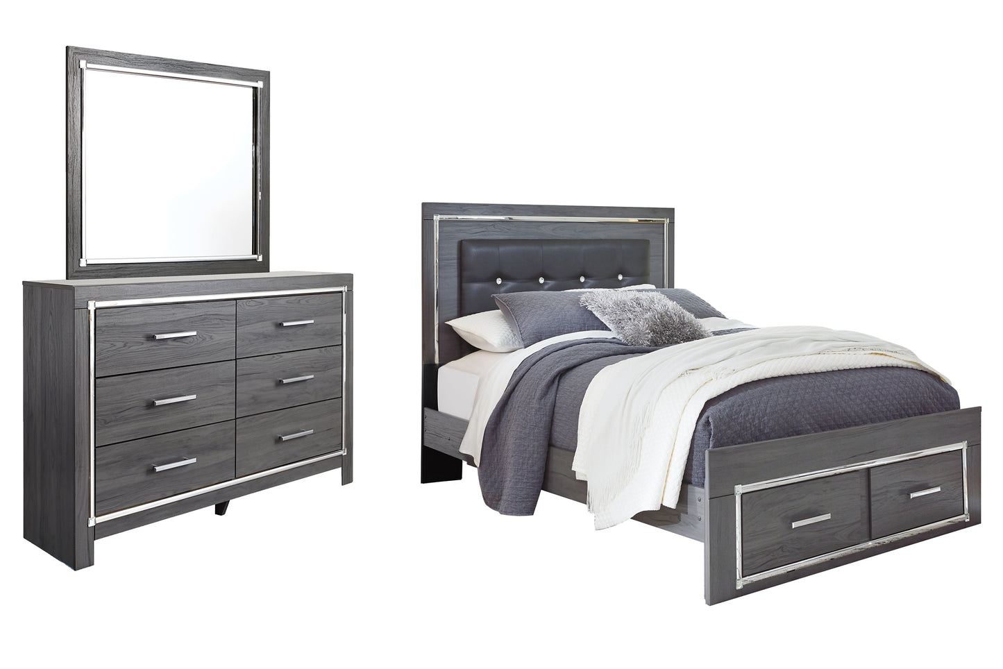 Cama Lodanna con dos cajones y cómoda con espejo
