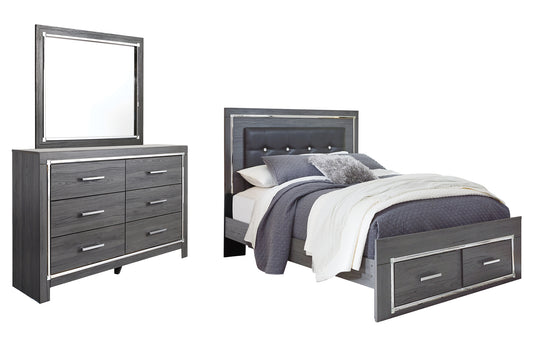 Cama Lodanna con dos cajones y cómoda con espejo