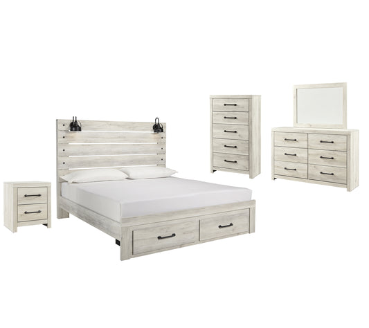 Cama Cambeck con dos cajones, cómoda con espejo y mesita de noche