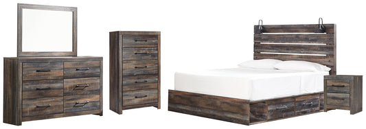 Cama Drystan con dos cajones, cómoda con espejo y mesita de noche.