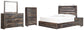 Cama Drystan con dos cajones, cómoda con espejo y mesita de noche.