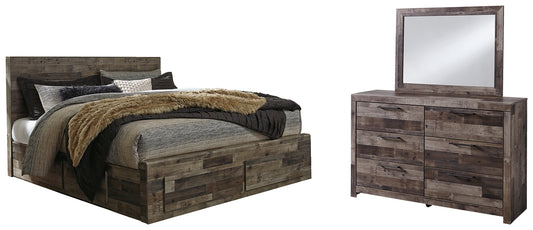 Cama con paneles Derekson con dos cajones y cómoda con espejo