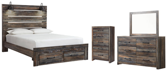 Cama Drystan con dos cajones de almacenamiento, cómoda con espejo y cómoda