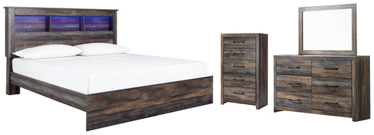 Cama con librería y paneles Drystan con cómoda y espejo