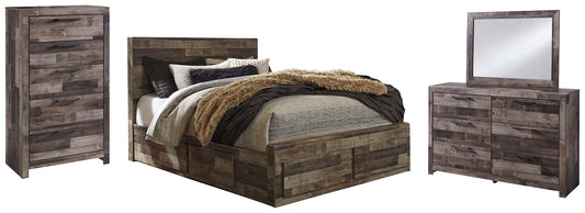 Cama con paneles Derekson con 6 cajones de almacenamiento, cómoda con espejo y cómoda