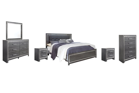 Cama Lodanna con paneles, cómoda con espejo y mesita de noche