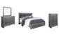 Cama Lodanna con dos cajones, cómoda con espejo y cómoda