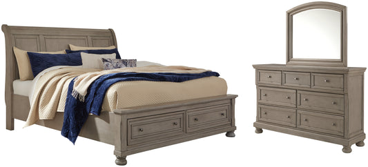 Cama tipo trineo Lettner con dos cajones y cómoda con espejo