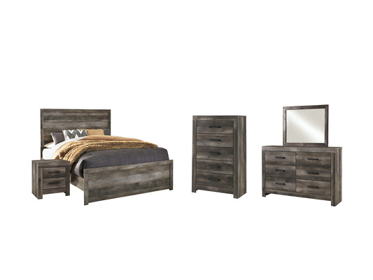 Cama con paneles Wynnlow, cómoda con espejo y mesita de noche