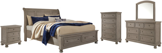 Cama Lettner tipo trineo con dos cajones, cómoda con espejo, cómoda y mesita de noche