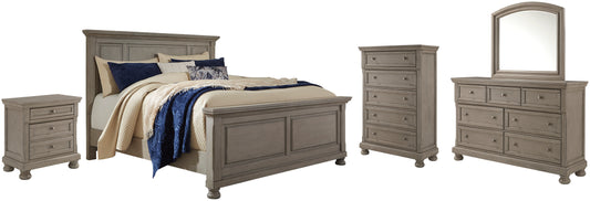 Cama Lettner California con paneles, cómoda con espejo y mesita de noche