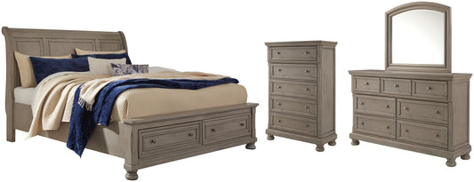Cama tipo trineo Lettner con dos cajones de almacenamiento, cómoda con espejo y cómoda