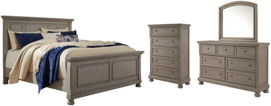 Cama Lettner California con paneles, cómoda y espejo