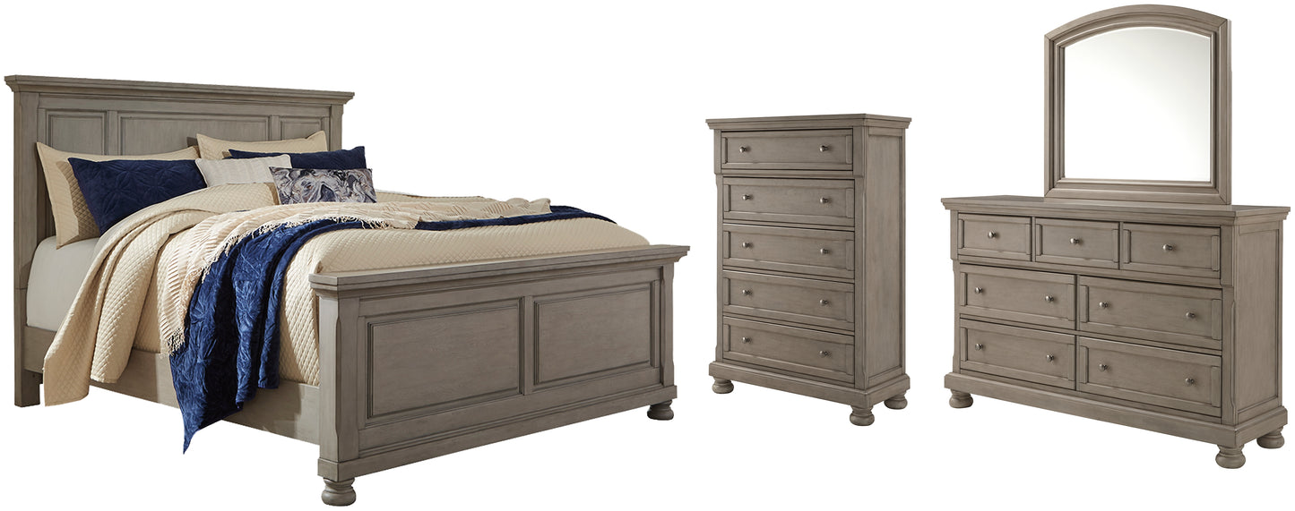 Cama con paneles Lettner, cómoda y espejo