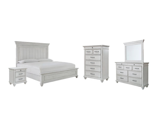 Cama con paneles Kanwyn, cómoda con espejo y mesita de noche