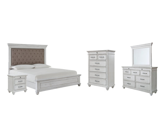 Cama con paneles Kanwyn, cómoda con espejo y mesita de noche