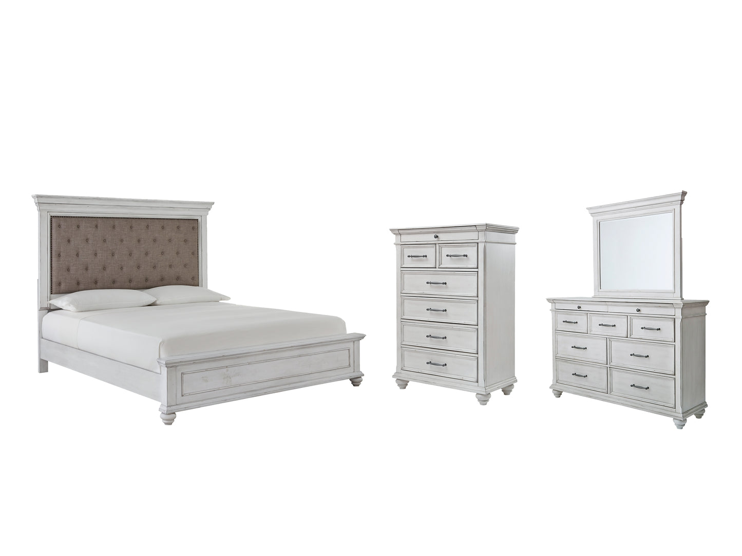 Cama con paneles Kanwyn, cómoda con espejo y arcón