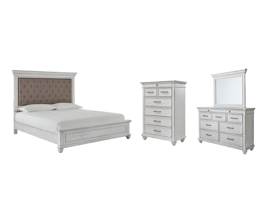 Cama con paneles Kanwyn, cómoda con espejo y arcón