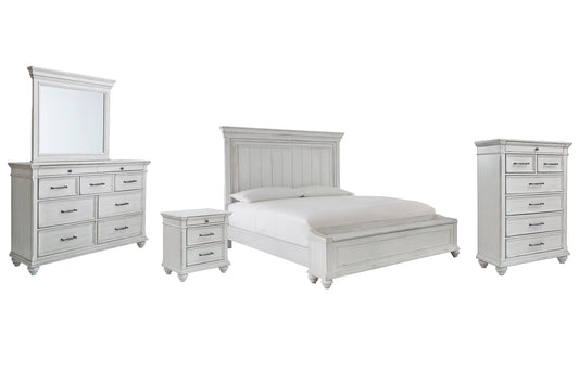 Cama Kanwyn con paneles y espacio de almacenamiento, con tocador con espejo, cómoda y mesita de noche