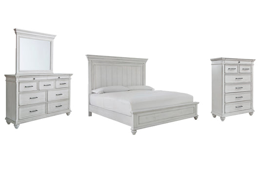 Cama con paneles Kanwyn, cómoda con espejo y arcón