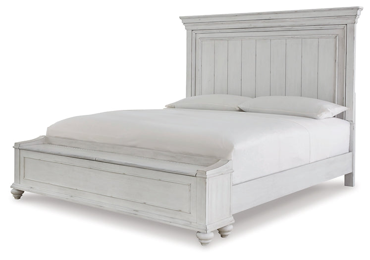 Cama con paneles Kanwyn con espacio de almacenamiento, cómoda con espejo y arcón