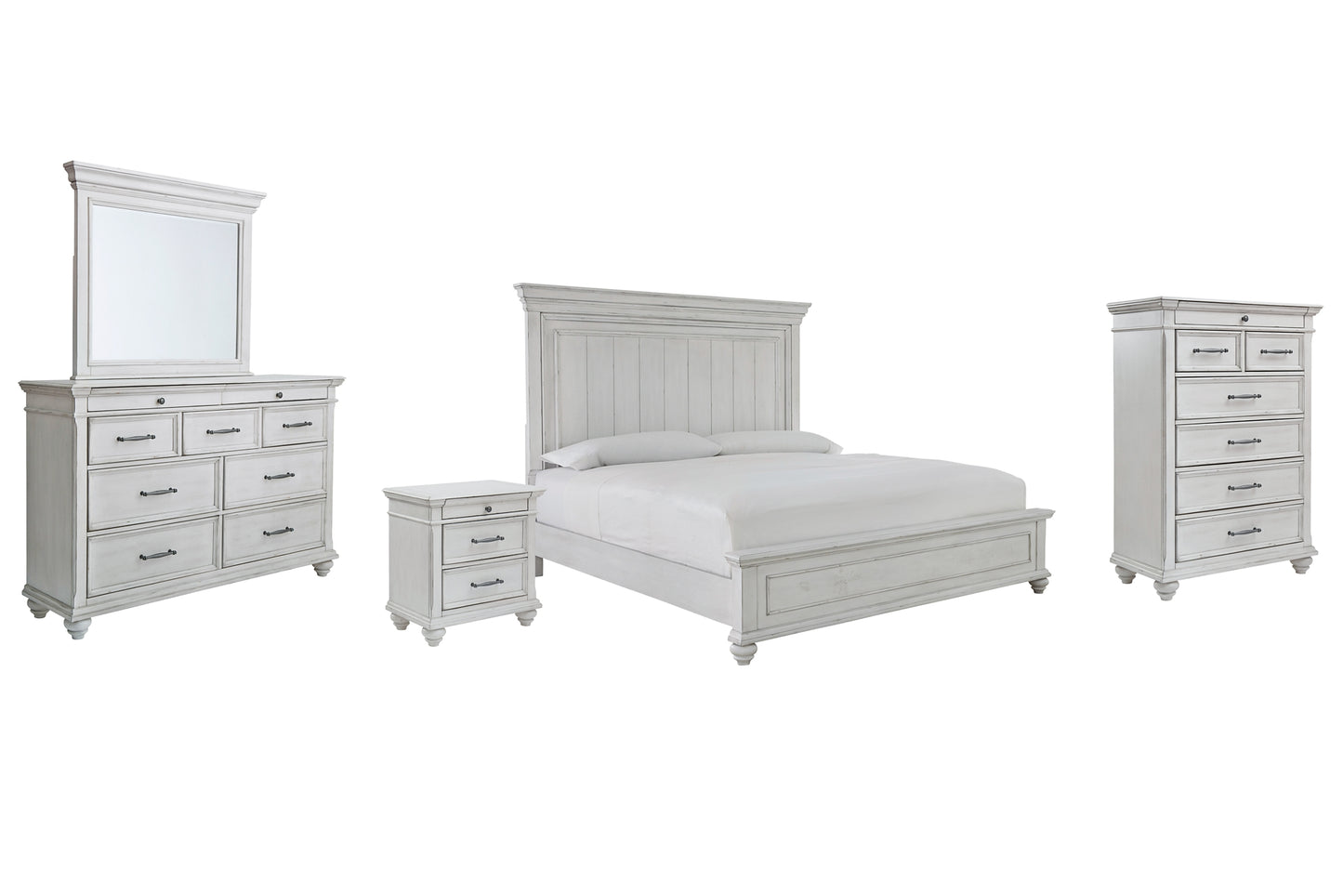 Cama con paneles Kanwyn, cómoda con espejo, cómoda y mesita de noche