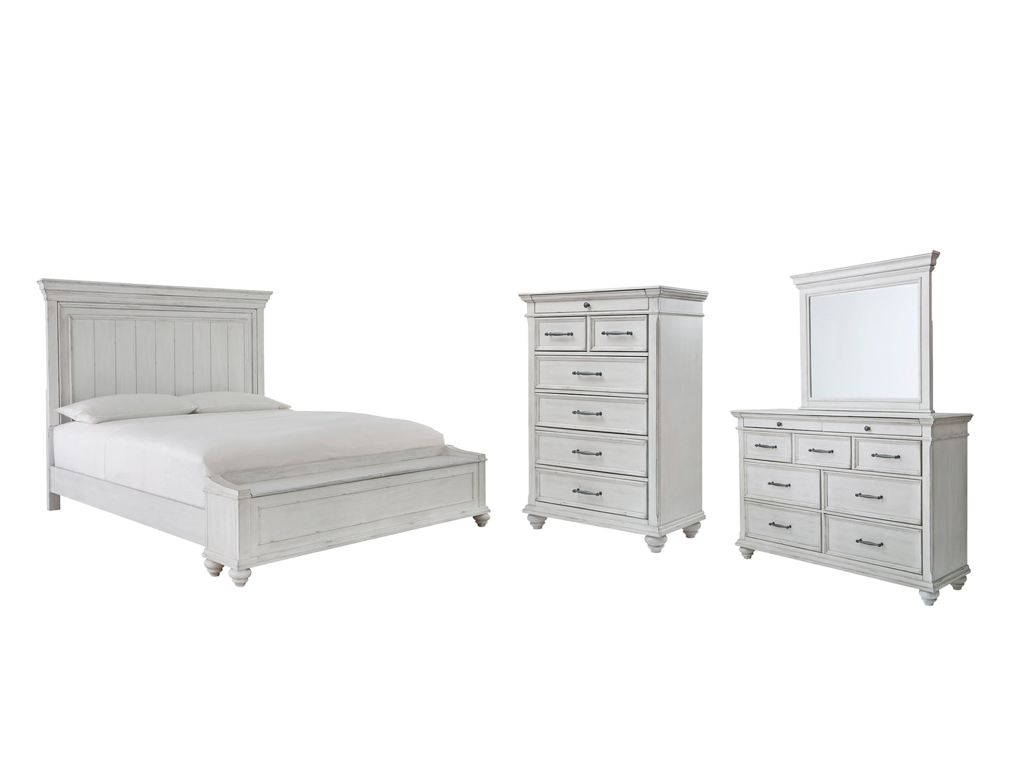Cama con paneles Kanwyn con espacio de almacenamiento, cómoda con espejo y arcón