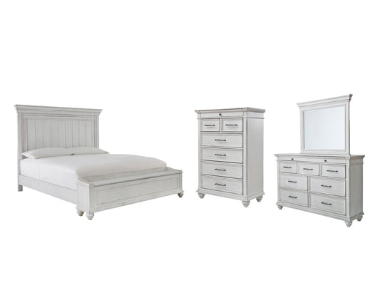 Cama con paneles Kanwyn con espacio de almacenamiento, cómoda con espejo y arcón