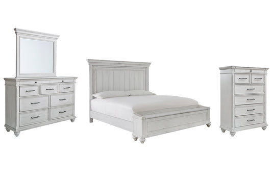 Cama con paneles Kanwyn con espacio de almacenamiento, cómoda con espejo y arcón