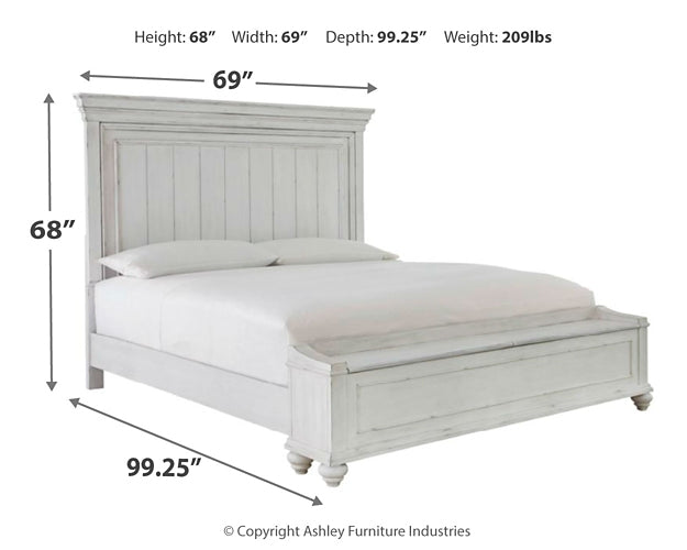 Cama Kanwyn con paneles y espacio de almacenamiento, con tocador con espejo, cómoda y mesita de noche