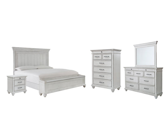 Cama Kanwyn con paneles y espacio de almacenamiento, con tocador con espejo, cómoda y mesita de noche