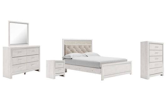 Cama Altyra con paneles, cómoda con espejo y mesita de noche