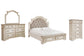 Cama tapizada Realyn con cómoda y espejo