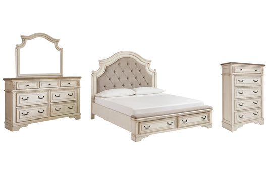 Cama tapizada Realyn con cómoda y espejo