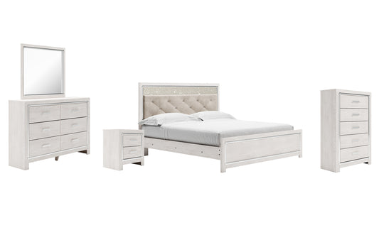 Cama Altyra con paneles, cómoda con espejo y mesita de noche