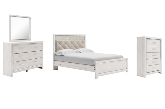 Cama Altyra con paneles, cómoda y espejo