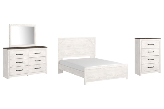 Cama con paneles Gerridan, cómoda con espejo y arcón