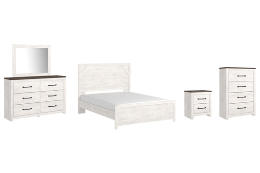 Cama Gerridan con paneles, cómoda con espejo y mesita de noche