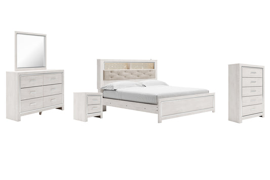Cama-librería Altyra con paneles, cómoda con espejo, cómoda y mesita de noche