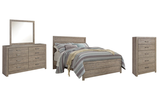 Cama con paneles Culverbach, cómoda con espejo y arcón