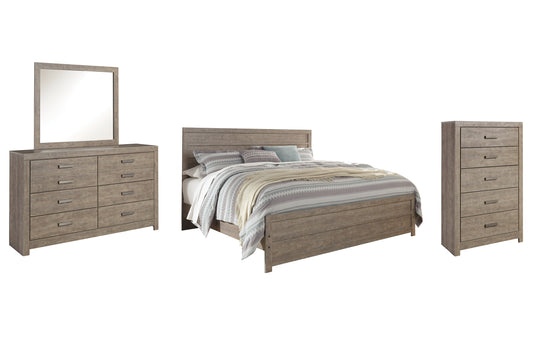 Cama con paneles Culverbach, cómoda con espejo y arcón