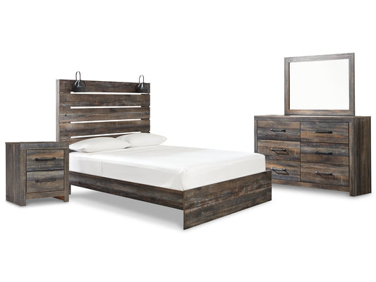 Cama Drystan con paneles, cómoda con espejo y mesita de noche
