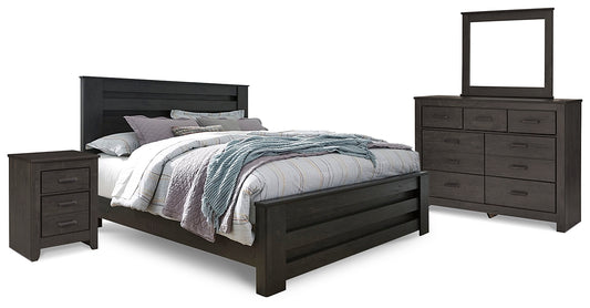Cama con paneles Brinxton, tocador con espejo y mesita de noche
