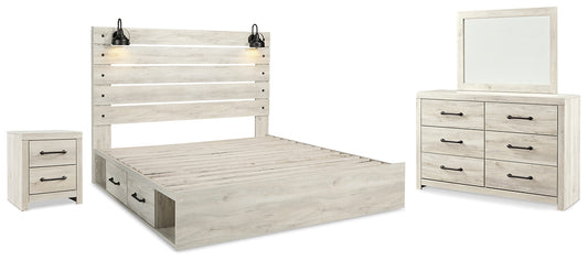 Cama Cambeck con dos cajones, cómoda con espejo y mesita de noche