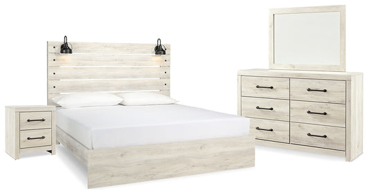 Cama con paneles Cambeck, cómoda con espejo y mesita de noche