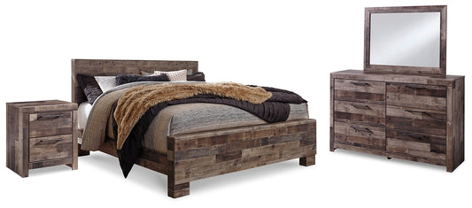 Cama con paneles Derekson, tocador con espejo y mesita de noche
