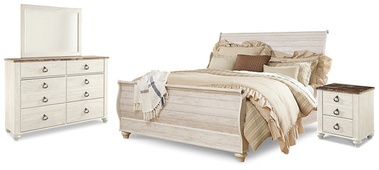 Cama tipo trineo Willowton con tocador con espejo y mesita de noche