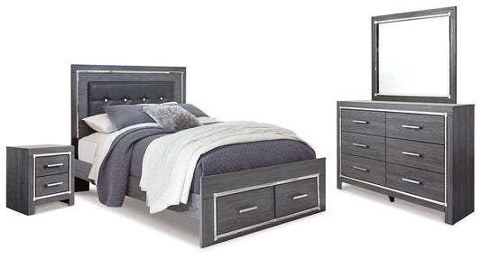 Cama Lodanna con dos cajones, cómoda con espejo y mesita de noche