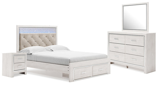 Cama Altyra tapizada con almacenaje, cómoda con espejo y mesita de noche